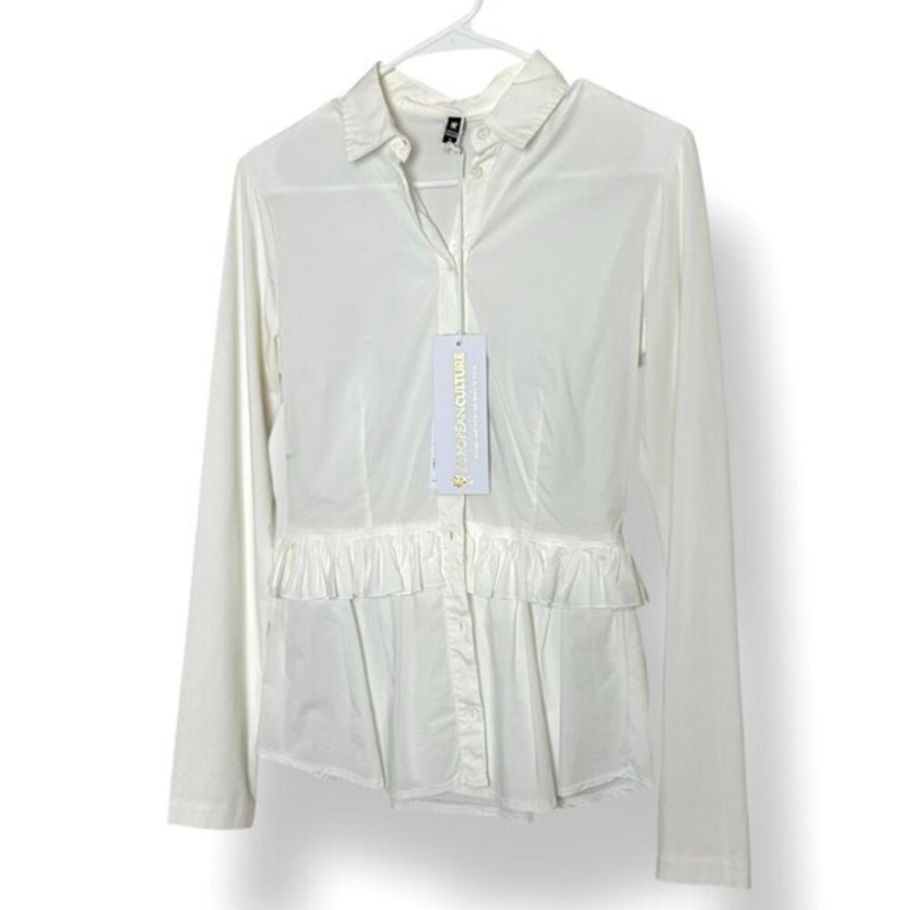 NWT European Culture White Blouse Peplum Ruffle Long Sleeve Button Up Sz S